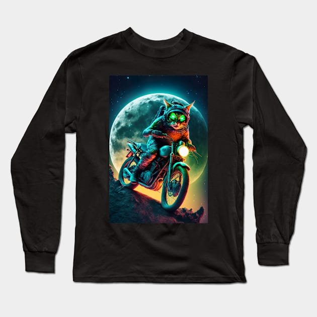 Cyber Cat Riding Dirt Bike Long Sleeve T-Shirt by KoolArtDistrict